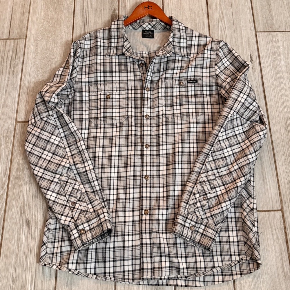Oakley Mens Plaid Button Down Shirt Grey White Long Sleeve Mesh Back XL